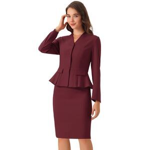 Business Suit Set 2Piece Collarless Peplum Blazer Pencil Skirt Burgundy